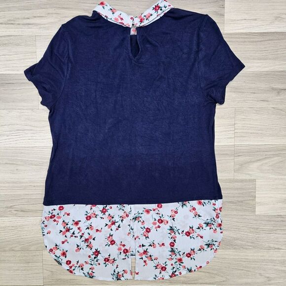 ELLE Womens Blue Rose Collar Trim Blouse Shirt Small - Picture 7 of 9